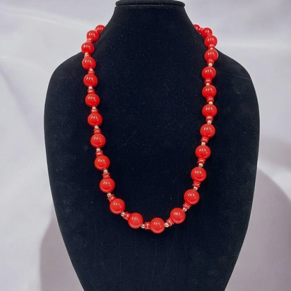 Vintage Red & Gold Beaded Opera Length Necklace Spring Ring Clasp 30"L